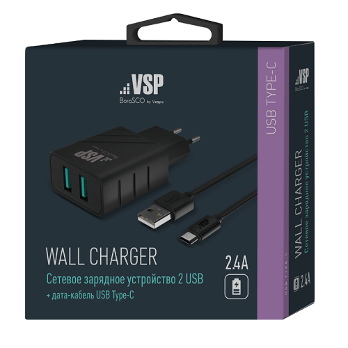 

СЗУ Vespa 2 USB 2,4A + Дата-кабель Type-C,1м (Черный)