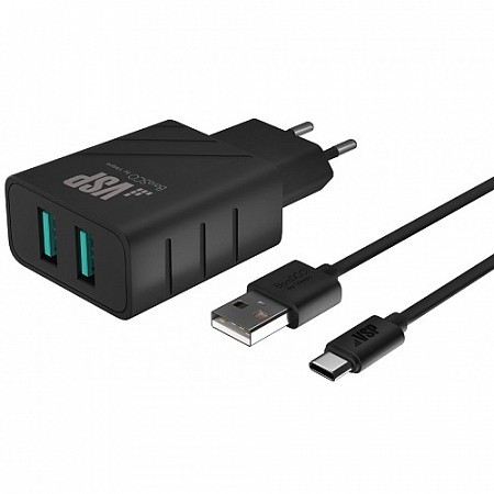 СЗУ Vespa 2 USB 2,4A + Дата-кабель Type-C,1м (Черный)