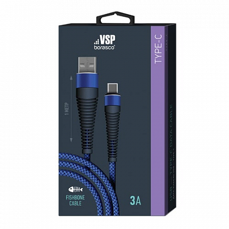 Дата-кабель Fishbone USB – Type-C, 3А, 1м, Темно-синий, BoraSCO