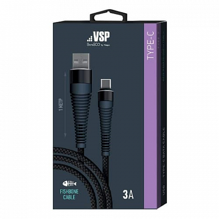 Дата-кабель Fishbone USB – Type-C, 3А, 1м, Черный, BoraSCO