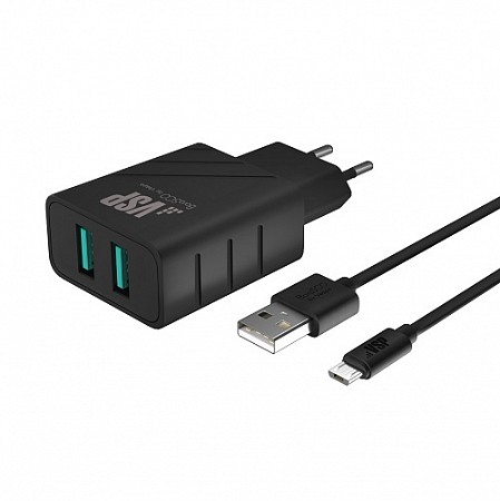 СЗУ Vespa 2USB, 2,1A +Дата- кабель micro USB, 1м, (черный)