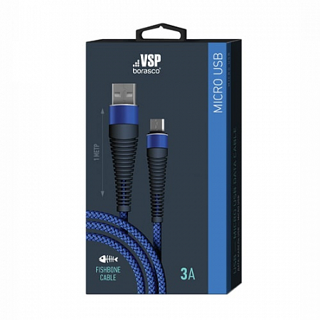 Дата-кабель Fishbone USB – micro USB, 3А, 1м, Темно-синий, BoraSCO
